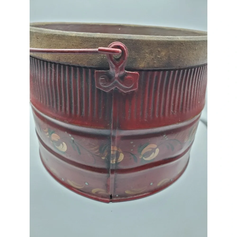 Antique Primitive Tole Painted Red Metal 'Fire Proof' Bucket RARE Unusual
